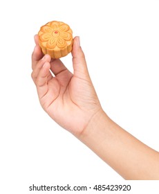 Hand Holding Moon Cake Isolated On White Background