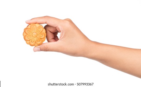 Hand Holding Moon Cake Isolated On White Background