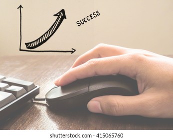 hand holding mouse with increase graph of success