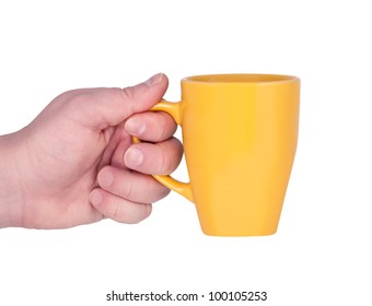 Hand Holding Mug Isolate On White.