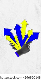 Hand holding multiple arrows pointing upwards, symbolizing business strategy focused on growth and expansion. Conceptual design. Art collage. Concept of business, best practice, benchmarking