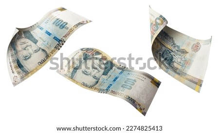 hand holding new bills peruvian money floating in the air on white background