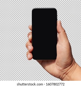 Hand Holding  New Smartphone Isolated With Clipping Path  On Transparent Background. 