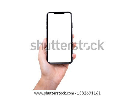 Hand holding new smartphone on white background