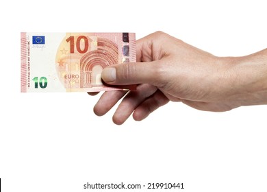 Hand Holding New Ten Euro Bill Isolated On White Background