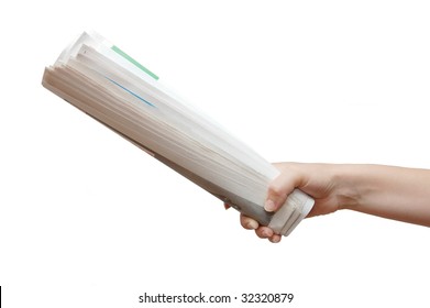 Hand Holding A Newspaper Isolated On White Background