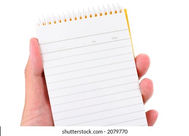 hand holding notepad with white background - Powered by Shutterstock