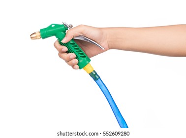 Hand Holding Nozzle On A Hose For Watering. Hose Nozzle Spraying Water Isolated On White Background.