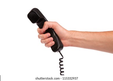 Hand Holding An Old Black Telephone Tube Isolated On White Background