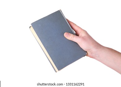 Hand Holding Old Book Isolated On White Background