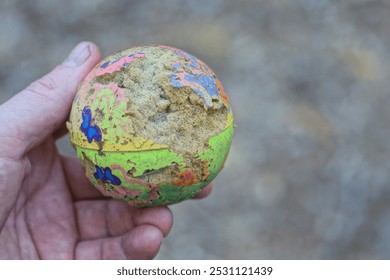 hand holding old torn small colored plastic foam ball on gray background on summer street - Powered by Shutterstock