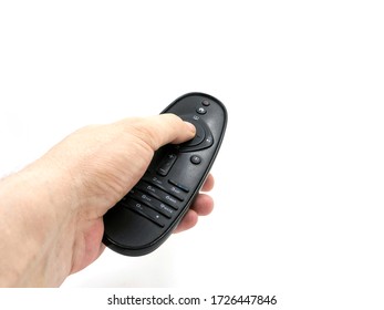 Hand Holding Old Tv Remote Control Against White Background