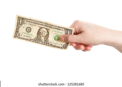 Hand Holding One Dollar Isolated On White Background