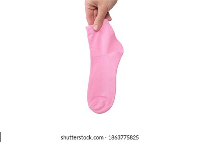 A Hand Holding One Pink Cotton Organic Sock Isolated On White.