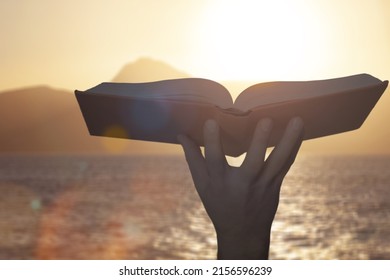 Hand Holding Open Bible Book Up To The Sun Light.