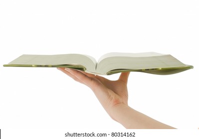 Hand Holding Open Book Isolated On White
