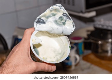 Hand holding open plastic container of spoiled white cream with green mold fungus