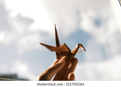 Hand Holding Origami Crane Sky Background