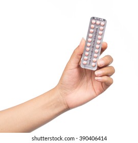 Hand Holding Pack Birth Control Pills Isolated On The White Background