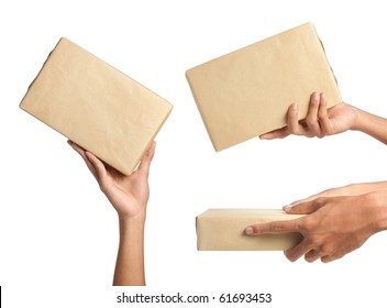 Hand Holding A Package. Three Different Ways To Give The Package To Someone