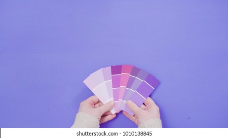 Hand Holding Paint Swatches With Shades Of Violet Colors.