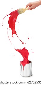 Hand Holding Paintbrush Creating Red Paint Splash From Its Bucket