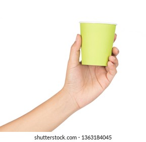 Hand Holding Paper Cup Isolated On White Background