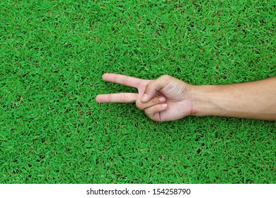 A Hand Holding Up The Peace Sign Or Number Two With Two Fingers On Green Grass Background Texture