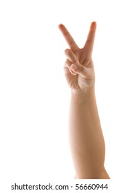 A Hand Holding Up The Peace Sign Or Number Two With Two Fingers Isolated Over White.