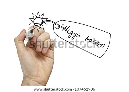 Hand holding pen drawing a Higgs boson (the god particle), an elusive elementary particle