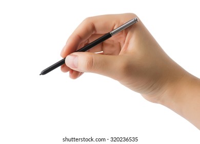 Hand Holding Pen Isolated On White Background.