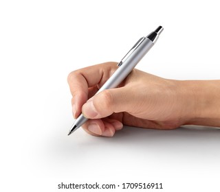 Hand Holding A Pen On White Background With Clipping Path