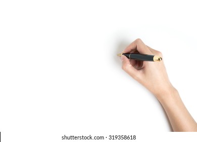 Hand Holding A Pen On White Background