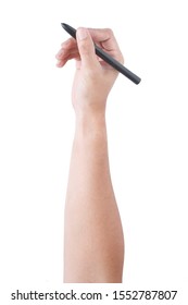 Hand Holding Pen. Writing Hand. Male Hand Hold Black Pen Write On The Wall Isolated On White Background