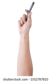 Hand Holding Pen. Writing Hand. Male Hand Hold Black Pen Write On The Wall Isolated On White Background