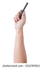 Hand Holding Pen. Writing Hand. Male Hand Hold Black Pen Write On The Wall Isolated On White Background