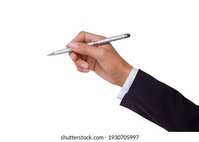 Hand Holding Pen.Business Sfaff Woman Hand With Black Suit Holding Pen Isolated On Withe Background. For Write Work Document.