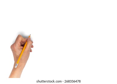 Hand Holding Pencil Isolated On White Background