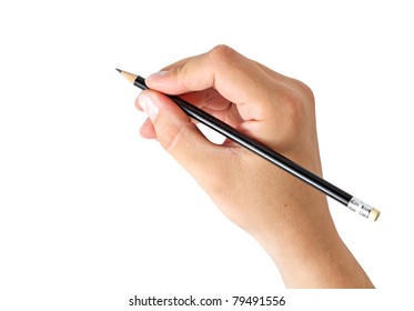 hand holding pencil isolated white background