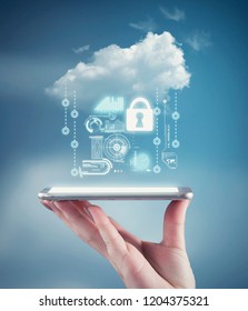Hand Holding A Phone With A Cloud And Personal Data Information. The Concept Of Personal Data Security