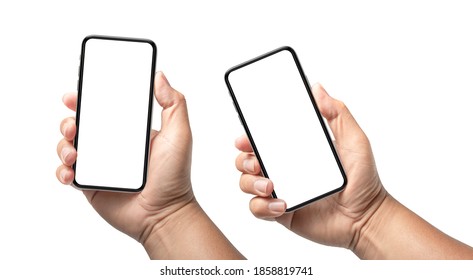 Hand Holding Phone Isolated With Clipping Path 