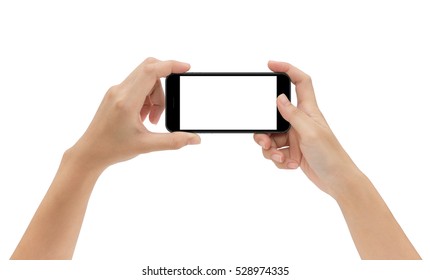 Hand Holding Phone Isolated On White Background, Mock-up Smartphone Matte Black Color