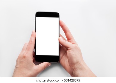 hand holding phone isolated on white clipping path inside

