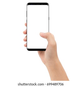 hand holding phone mobile isolated on white background clipping path inside