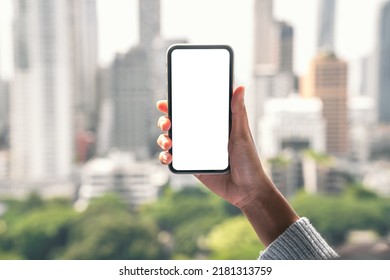 hand holding phone mobile white blank screen - Shutterstock ID 2181313759