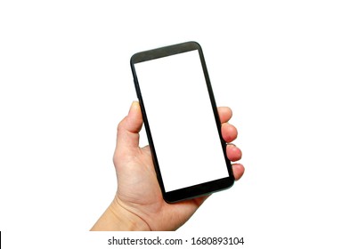 hand holding phone on white background - Shutterstock ID 1680893104