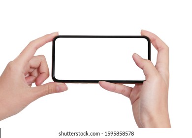 Hand Holding Phone Taking Photo With Mobile Smartphone Isolated On White Background./Mock-up Smartphone