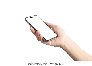 A hand holding a phone with a white background. The phone is a silver Phone. The hand is holding the phone in a way that it is in a portrait orientation - Powered by Shutterstock