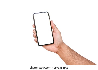 Hand Holding Phone With White Screen Isolated On White Background. Empty Space For Text.(Clipping Path)