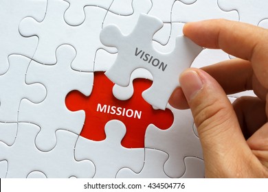 Hand holding piece of jigsaw puzzle with word VISION MISSION. - Shutterstock ID 434504776